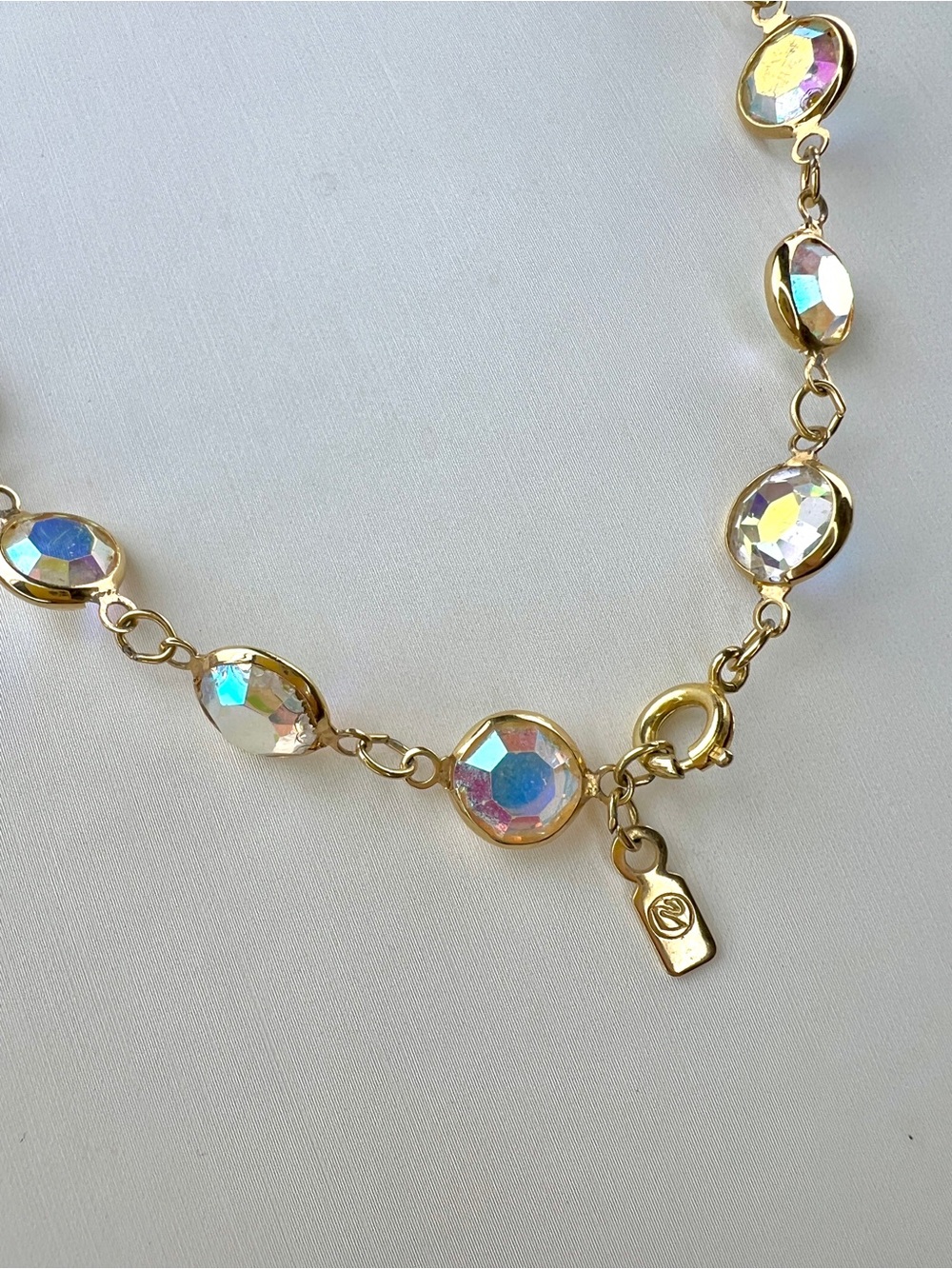 Vintage Swarovski AB Crystal Coin Necklace, Gold Tone Bezel Set, 24” SIGNED - Picture 4 of 5
